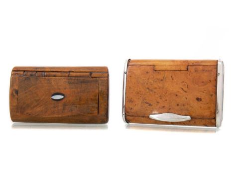 TWO TREEN SNUFF BOXES 19TH CENTURY the first burr wood with white metal mounts, the second with inlaid mother of pearl (2)the