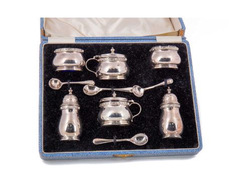 GEORGE VI SILVER CRUET SET DAVIDSON, HENDERSON &amp; SORLEY, BIRMINGHAM 1936 all with cast rims, the salts and mustards with 