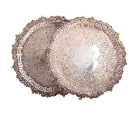 PAIR OF GEORGE III IRISH SILVER WAITERS SAMUEL BEERE &amp; JAMES MOOR, DUBLIN 1818 each of circular form with central Heron a