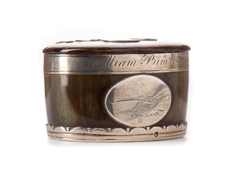SCOTTISH WHITE METAL MOUNTED HORN SNUFF BOX 19TH CENTURY of oval outline, the hinged cover with vacant cartouche and thistle 