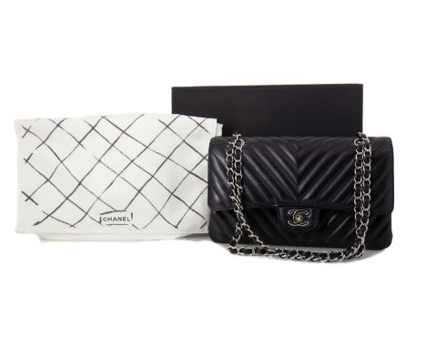 CHANEL, CLASSIC FLAP BAG MEDIUM CIRCA 2017, PURCHASED NEW black chevron lambskin leather, silver tone hardware, interwoven ch