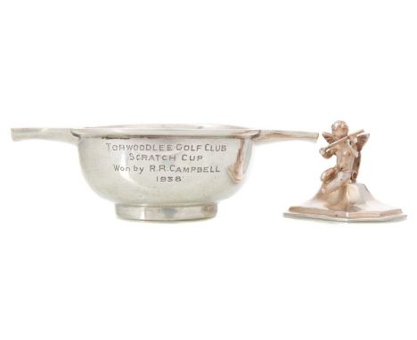 GEORGE V SILVER QUAICH  MACKAY & CHISHOLM, EDINBURGH 1935 with presentation inscription, along with a menu holder with cherub