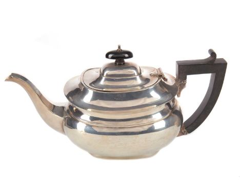 GEORGE V SILVER TEAPOT AITKEN BROS. LTD., BIRMINGHAM 1926 of bulbous oblong form, with ebonised handle30cm longQty: approx. 5