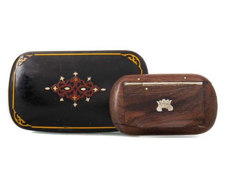 TWO SNUFF BOXES 19TH CENTURY the first a heavily grained wood, possibly lignum vitae, with white metal hinge and inlaid armor