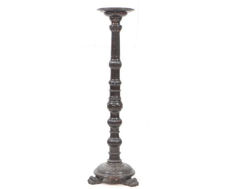 An early 20th century ebonised intricately carved / turned plant stand jardinere torchère. Circular carved edge top into a re