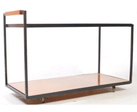 British Modern Design - A vintage mid 20th century Industrial teak style veneer and metal hostess / cocktail serving trolley.