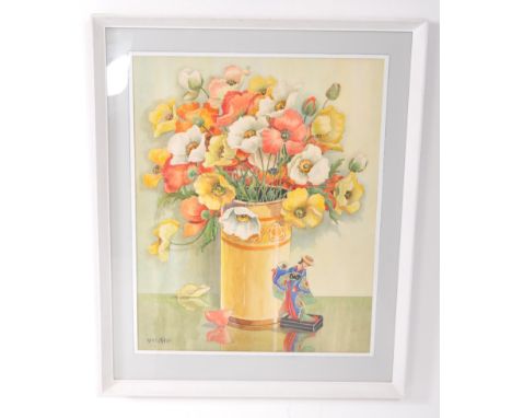 A 20th century Rex F Hopes still life watercolour painting. The painting depicting a bouquet of flowers arranged in a cylindr