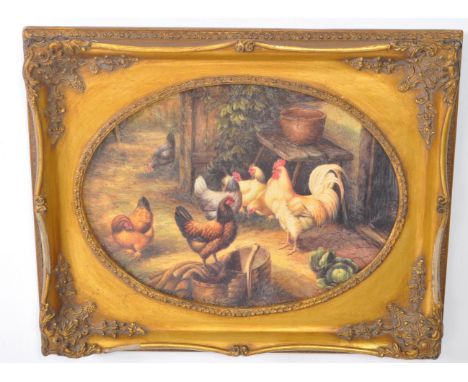 A vintage early 20th century oleograph picture painting. Depicting chickens / cockerels in a form scene. In a gilt gesso fram