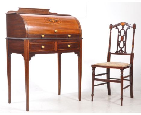 Edwardian ladies mahogany inlaid roll top writing desk / bureau. Shaped gallery back with inlaid border and ventral motif fea