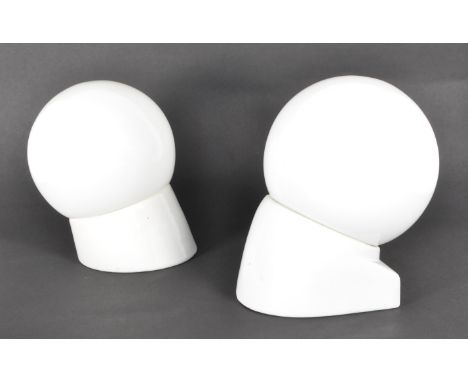 Two mid century art deco style white glass globe wall lights / sconces. Featuring opal white spherical glass shades screwed o