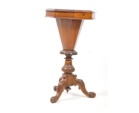 A Victorian pedestal work box, with band work edged chessboard top opening to reveal original sewing compartments. Raised on 
