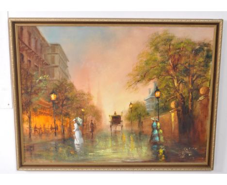 Colin Maxwell Parsons Oil on Canvas of Parisienne Promenade - dated on reverse June 1975. Maxwell was born in Birmingham, Eng