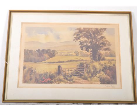 After Sidney Perrin - 20th century vintage watercolour print. Depicts a countryside landscape including fields, trees and a g