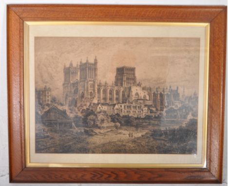 Charles Brooke Bird (1856-1916) - 1904 early 20th century monochrome etching of Bristol Cathedral. Framed and glazed. Measure