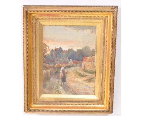 A late 20th century circa 1980s watercolour painting picture. Depicting a woman walking towards the foreground with village t