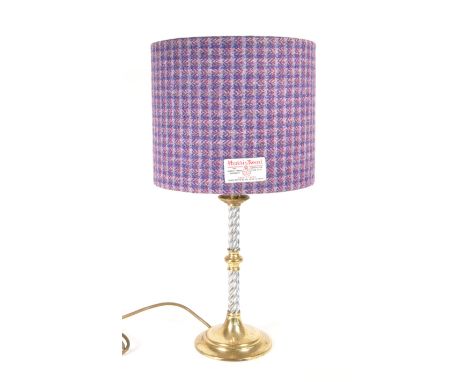 1980s vintage BHS British Home Store chrome table lamp with a purple plaid Harris Tweed shade. Features a circular plinth sty