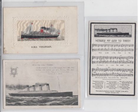 Postcards, Shipping, two 'Titanic' , one 'Nearer My God to Thee', showing ship and hymn , modern reproduction and the other, 