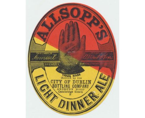Beer label, Allsopp's, Yellow Allsopp Light Dinner Ale, bottled by City of Dublin Bottling Co, Cambridge Heath c.1900, v.o,  