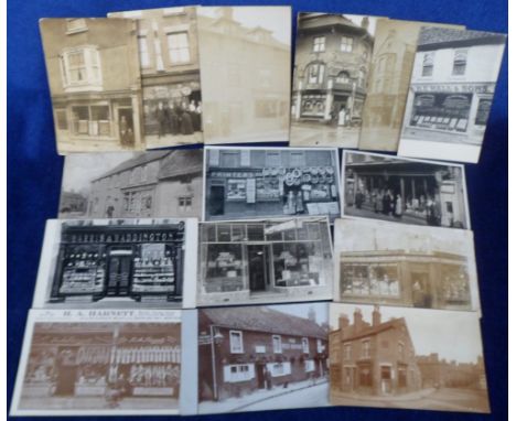 Postcards, a selection of 15 cards of Shopfronts, some unidentified but includes Spetinsbury P.O. Dorset (RP), H E Hall & Son