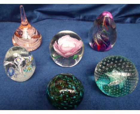 Paperweights, a selection of 6 glass paperweights, various shapes & designs inc. flowers, bubbles, swirls etc, one stamped 'C
