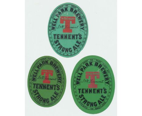 Beer labels, J & R Tennent's, Wellpark Brewery, Glasgow, Strong Ale, 3 different size v.o's, 80mm high (sl hinge & pencil mar