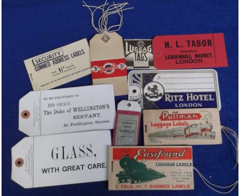 Ephemera, small collection of vintage tie on luggage labels, 1900-1940 inc 5 original packets inc Pullman, & 1 other railway-