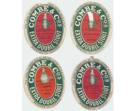 Beer labels, Watney Coombe Reid & Co Ltd, Extra Double Stout, c.1912, 4 v.o's,  R Peters, Dallington (incomplete, hole),  J M
