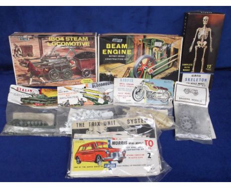 Kits, Airfix bagged kits, Ariel Arrow Motor Cycle, Bristol Bloodhound, Stalin Tank, boxed Airfix Skeleton, 1804 Steam Locomot