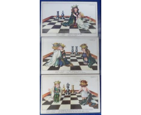 Postcards, Children, Chess, an interesting selection of 3 cards depicting children playing on a Chess Board, illustrated by B