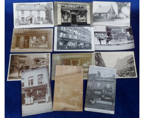 Postcards, a selection of 12 cards of Shopfronts, some unidentified but includes Harris, Barnard Castle (printed), Hart's, Fi