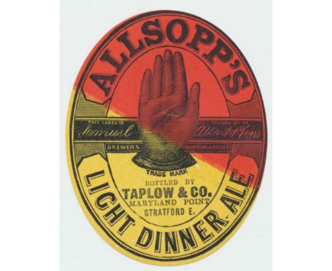 Beer label, Allsopp's, Yellow Allsopp Light Dinner Ale, bottled by Taplow & Co, Stratford,  c.1900, v.o, (punch mark o/w gd) 