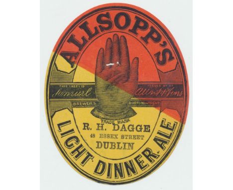 Beer label, Allsopp's, Red and Yellow label c1900, Light Dinner Ale for R H Dagge, Essex St, Dublin, v.o, (punch mark & penci