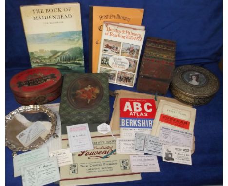 Ephemera, local interest selection inc 4 Huntley and Palmer biscuit tins, one book example, various booklets, inc Reading Co-