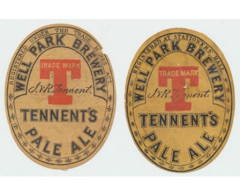 Beer labels, J & R Tennent's, Well Park Brewery, two Pale Ale v.o's, one 'Registered at Stationers' Hall' the other 'Register