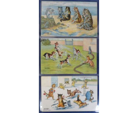 Postcards, Louis Wain, cats (2), and dogs with a cat (1). Valentine Series 'A Fishy Story', 'A bolt from the blue' and 'Scrat