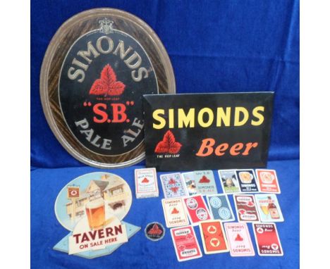 Breweriana, Simonds, selection inc tin counter display for Simonds Beer, shaped card sign for Simonds Tavern Ale, large oval 