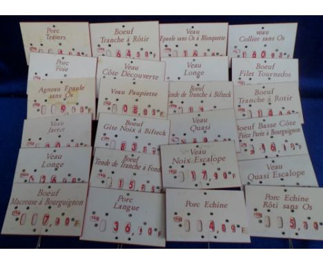 Collectables, a collection of 24 vintage French butcher shop advertising skewers each with printed descriptions and revolving