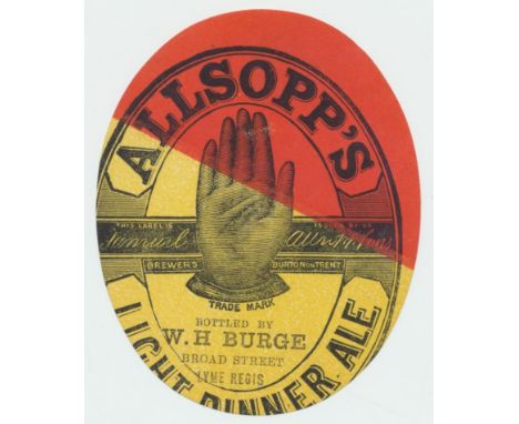 Beer label, slight miss print/cut Allsopp's Light Dinner Ale c.1900, bottled by W H Burge, Broad St, Lyme Regis, v.o, ( sl pu