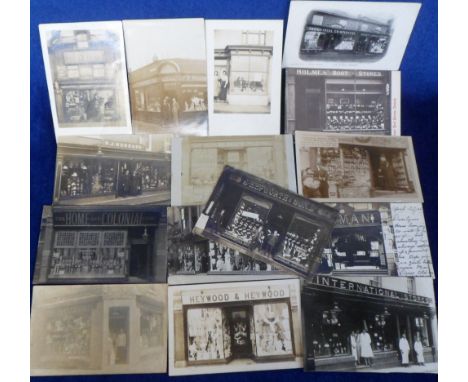 Postcards, another selection of 15 cards of Shopfronts, RP's and printed, inc J Hepworth & Son Ltd, Clothier, Market Place, L