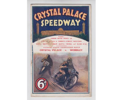 Speedway programme, Crystal Palace v Wembley, 24 September 1932, National League (first season for this competition) (slight 