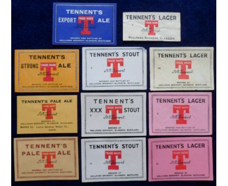 Beer labels, J & R Tennent's, Wellpark Brewery, Glasgow, a mixed selection of 11 small rectangular labels, ( 2 fair, rest gd)