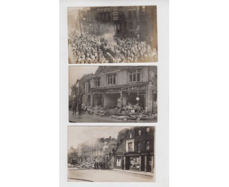 Postcards, Social History, 3 RP's of street fire scenes with firemen, horse drawn steam fire engine, mobile extendable ladder