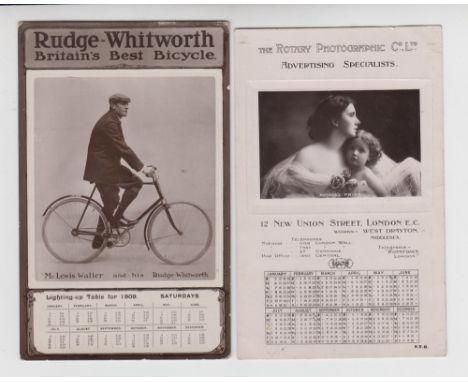 Postcards, Advertising, 2 photographic cards both with images and calendars, Rudge-Whitworth Bicycles with calendar for 1909 