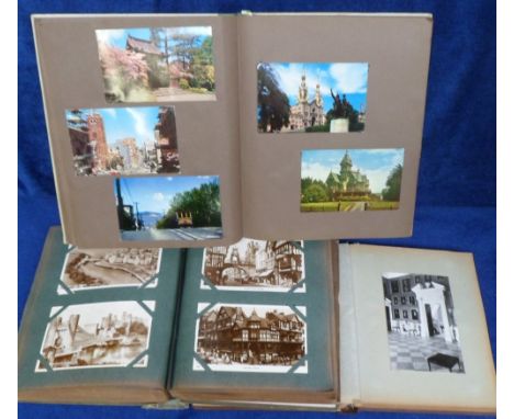Postcards, a collection of 600+ cards in 3 vintage albums of mainly modern cards (post WW2), both UK and foreign inc Scotland