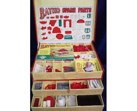 Bayko Shop Display Spare Parts Box, comprising outer red card box with four draws, each containing various spare parts includ