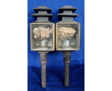 Transport, a pair of vintage antique carriage lanterns, original bevelled glass side panels, approx 55cm tall & 17cm wide, wi