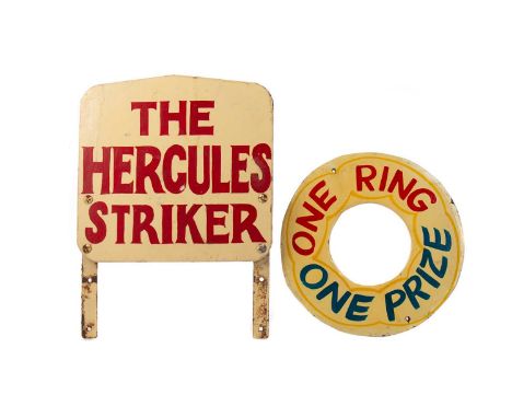 TWO 1950S HAND PAINTED WOOD FAIRGROUND SIGNS,the first inscribed 'The Hercules Striker', the other 'One Ring One prize', the 