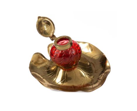 ART NOUVEAU BRASS AND GLASS INKWELL,circa 1900, in the manner of Kralik, the ruby glass well with hinged cover inscribed 'D.G