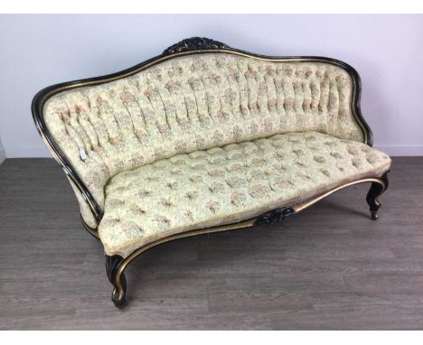 19TH CENTURY FRENCH EBONISED AND PARCEL GILT SALON SUITE,comprising a settee and four fauteuils, each with foliate carved top