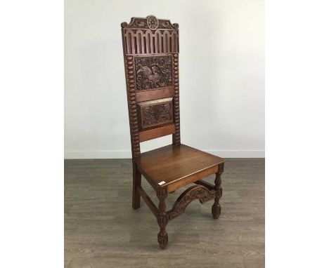 VICTORIAN WALNUT HALL CHAIR,the raised back with two moulded panels, the first with griffin, the second with Latin motto 'DIE